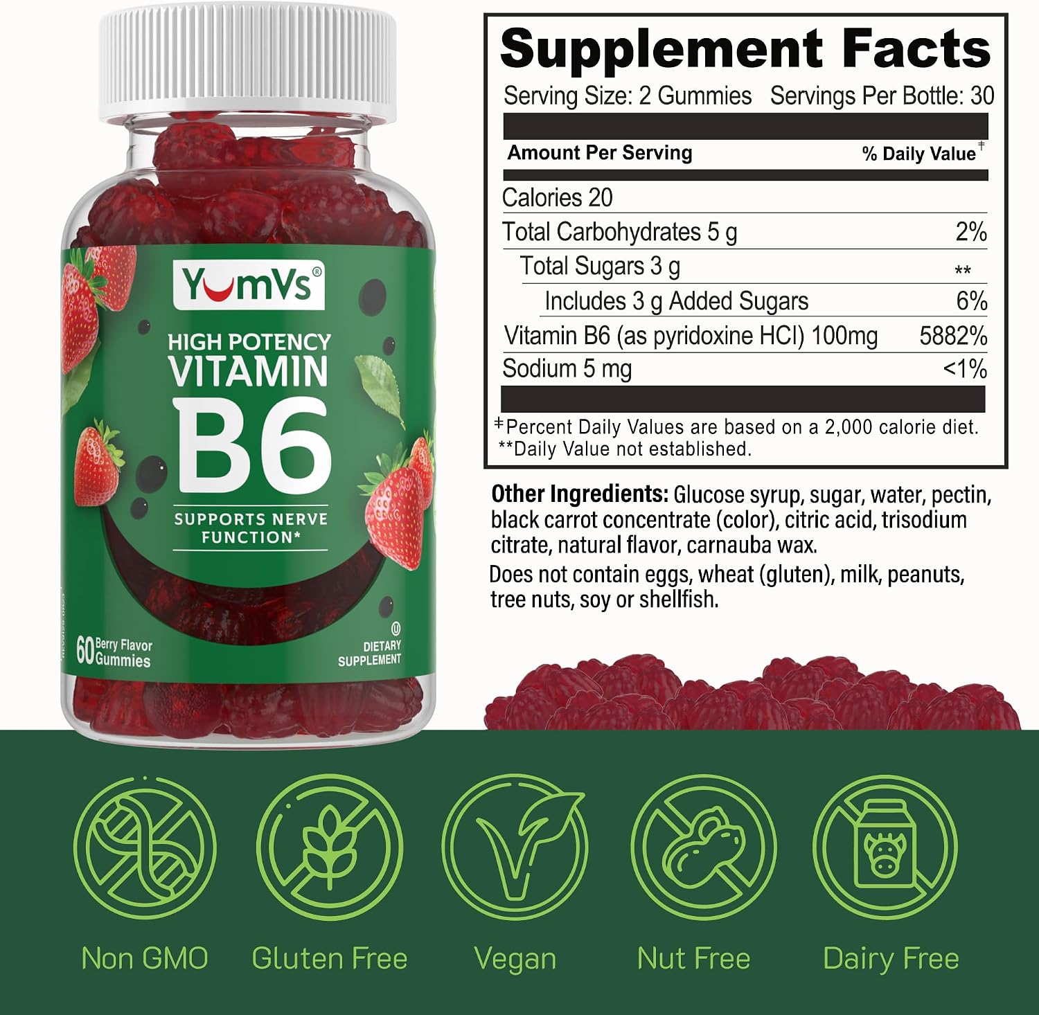 YUM-V'S Vitamin B6 Gominolas 100mg - 60 Gominolas Sabor Fresa