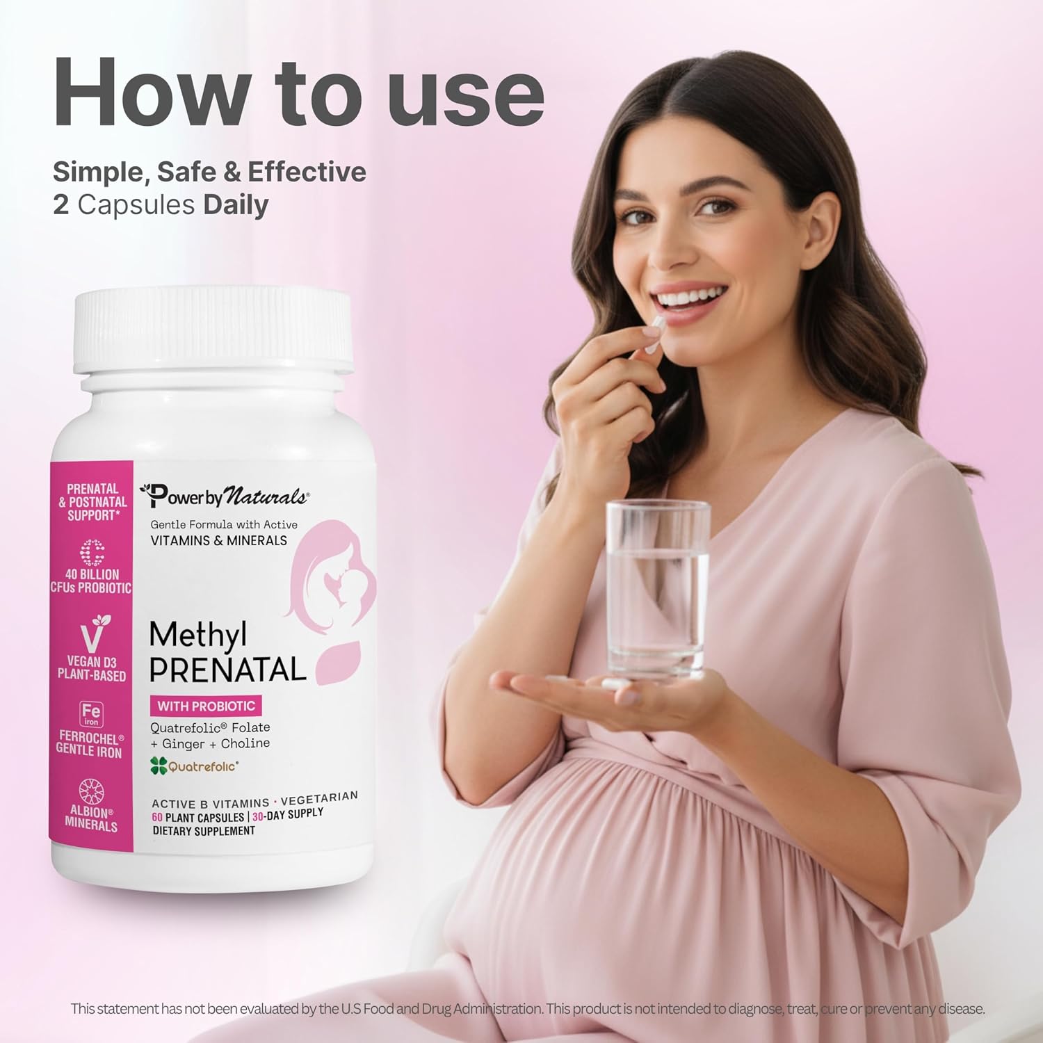 Power By Naturals Methyl Prenatal con Probióticos – Vitaminas prenatales con hierro, metilfolato, B12 y 28 nutrientes y botánicos – Vegano, sin gluten – 60 cápsulas (1 mes)