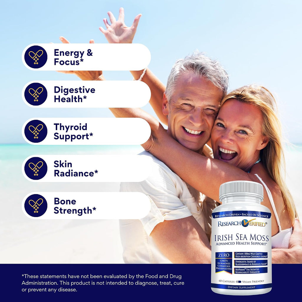 Research Verified Irish Sea Moss - Bladderwrack, Burdock, BioPerine - 180 Cápsulas - Vegano
