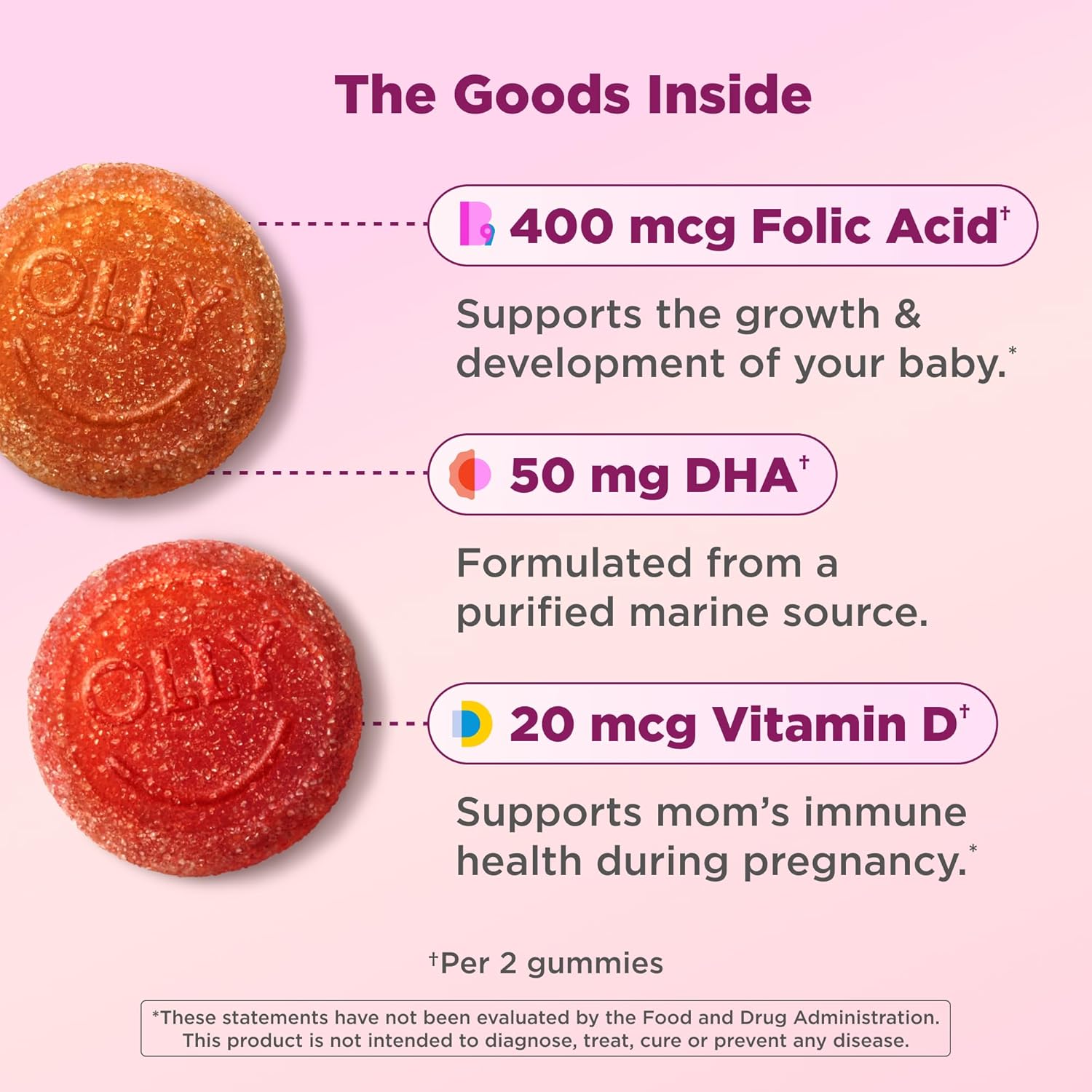 OLLY Prenatal Multivitamínico Gomitas, Ácido Fólico y DHA, 60 unidades