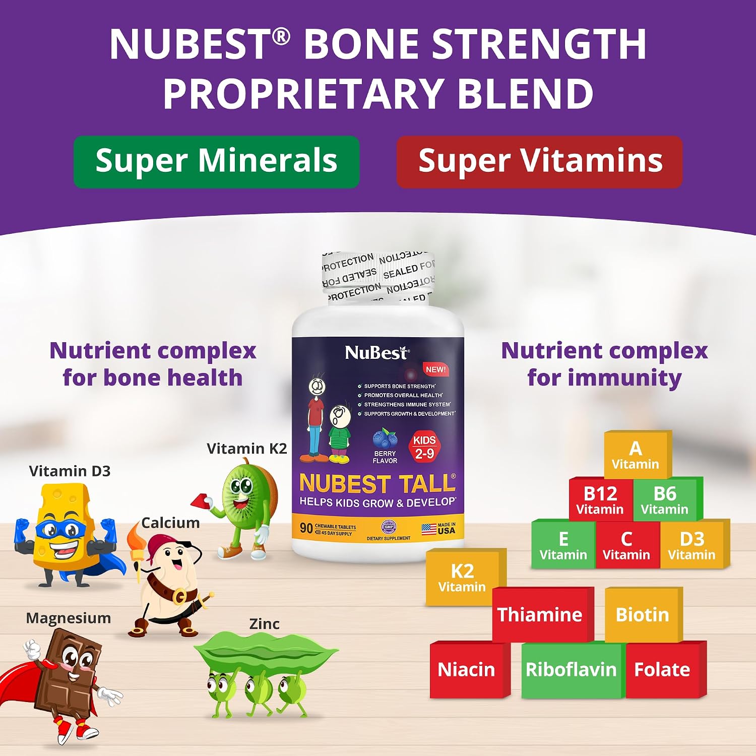 NuBest Tall Kids - Vitaminas masticables para niños de 2 a 9 años - Apoya la fortaleza ósea, salud general e inmunidad - 90 comprimidos sabor baya - Sin azúcar