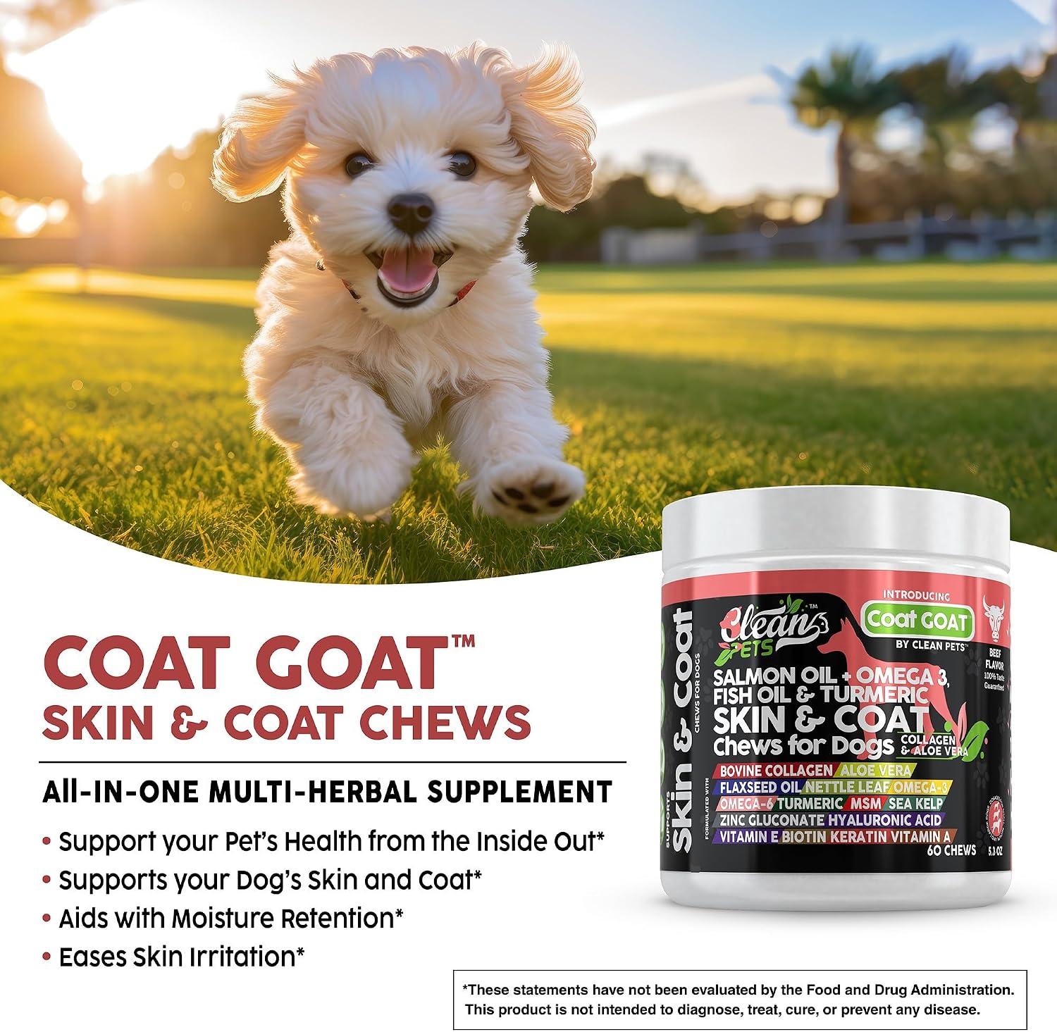 Clean Pets Aceite de Salmón Omega 3 para Perros con Colágeno, Aloe Vera, Biotina y Queratina - Suplemento para Piel y Pelaje