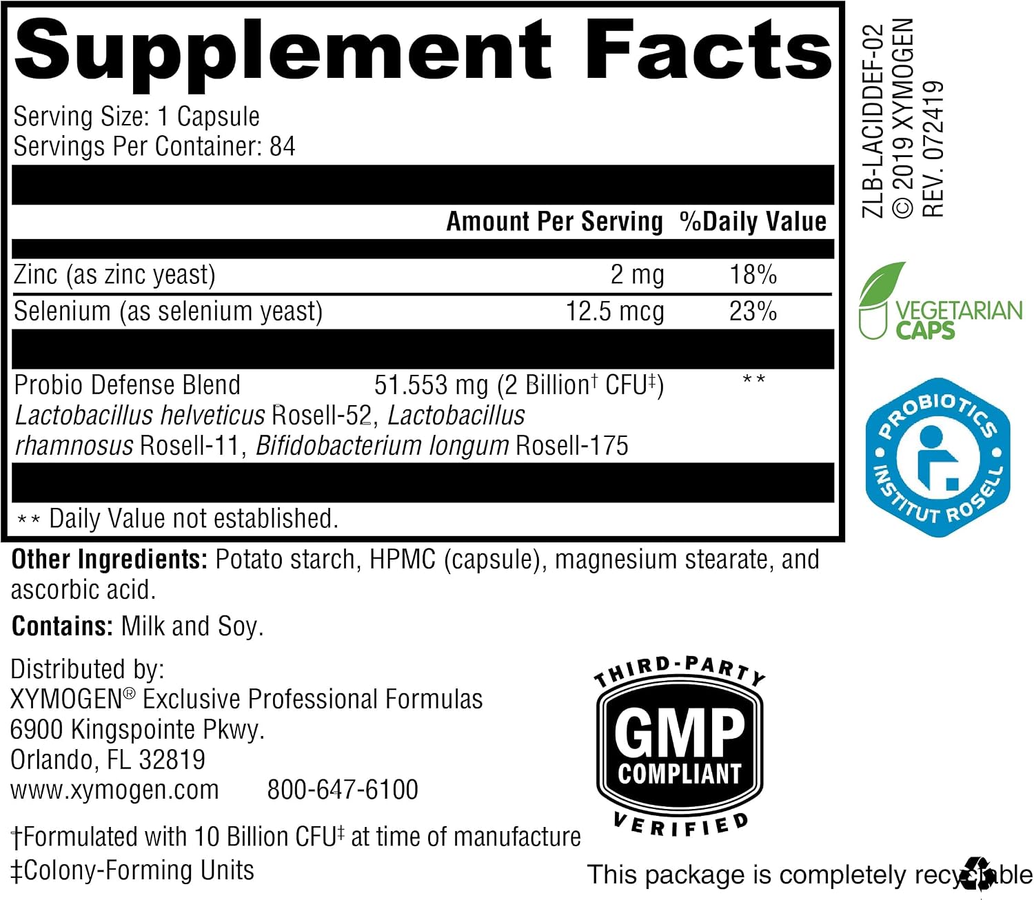 XYMOGEN Probio Defense - Daily Probiotic for GI Balance - Immune Support and Gut Health - 10 Billion CFU - Lactobacillus Rhamnosus, Zinc & Selenium - Gluten-Free & Non-GMO - 84 Capsules