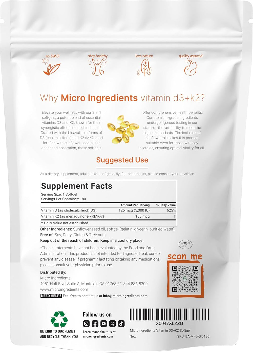 Micro Ingredients Vitamina D3 5,000 UI + K2 MK-7 100 mcg, 180 Cápsulas Blandas