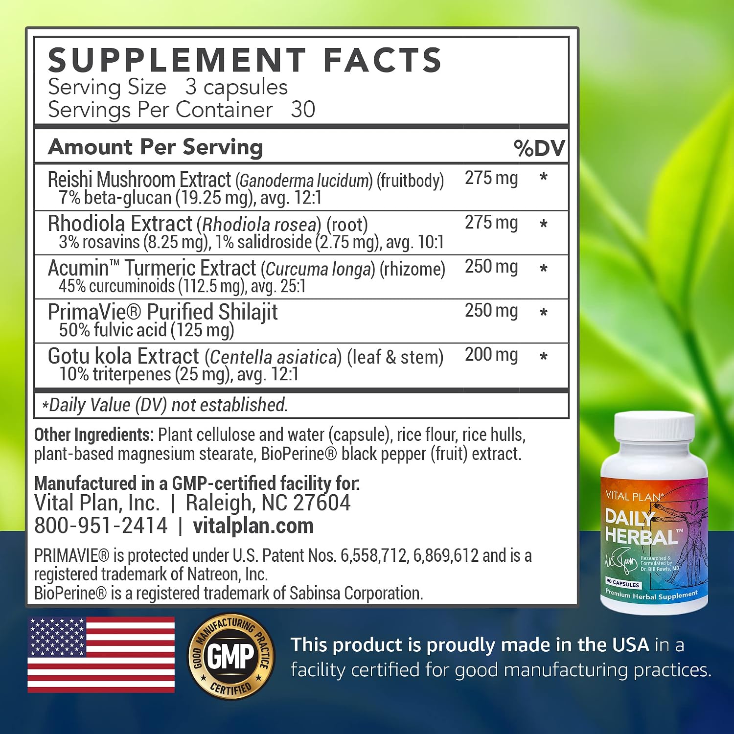 Vital Plan Daily Herbal Supplement - Suplemento Herbario con Reishi, Cúrcuma y Rhodiola