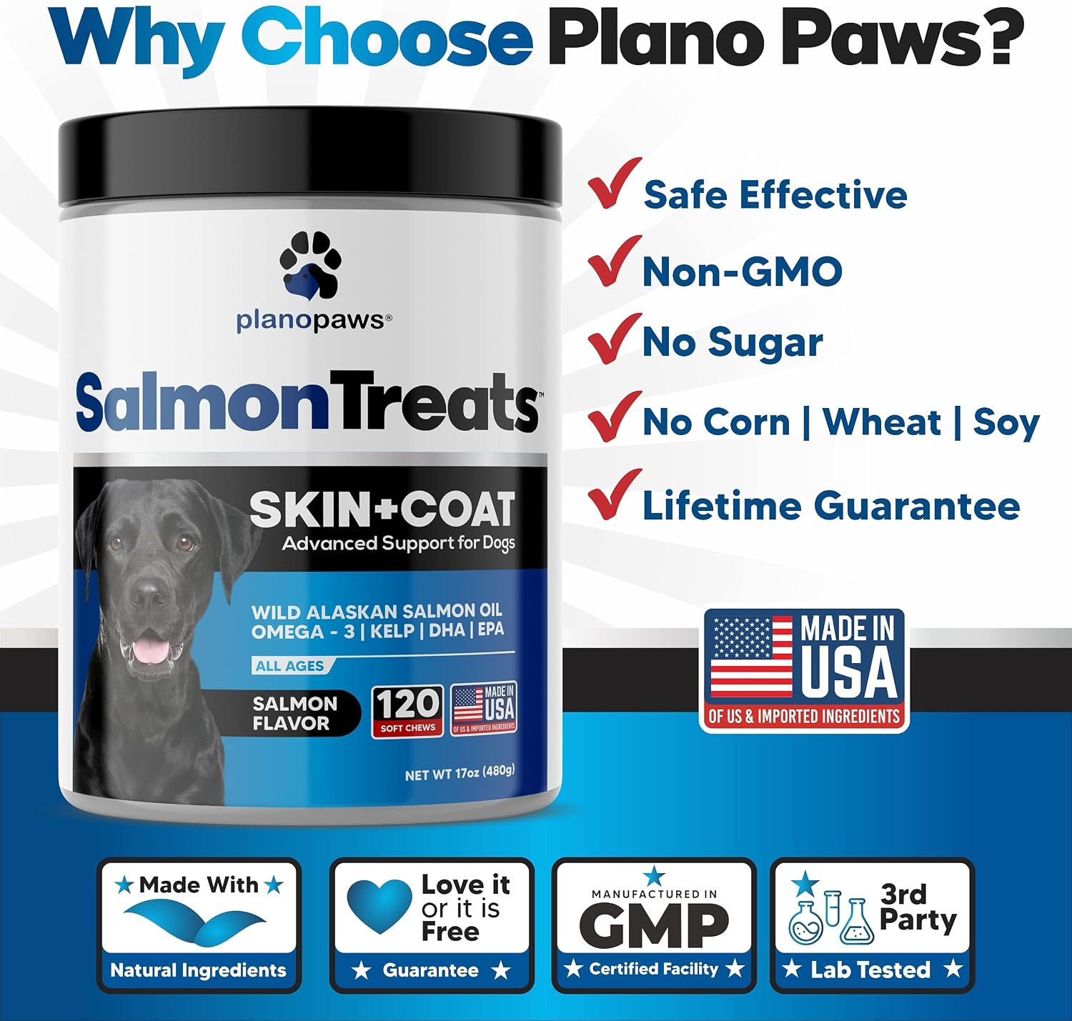 PlanoPaws Wild Alaskan Salmon Oil Chews para Perros - Omega 3 - 120 Unidades