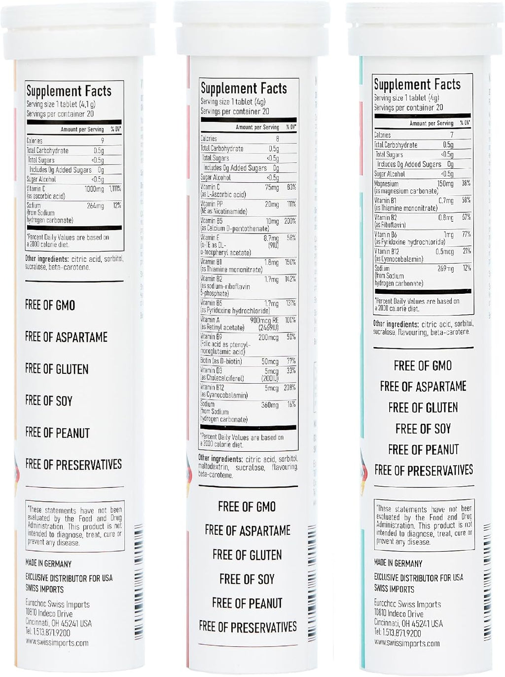 Swiss Imports Pack Variado Efervescente con Vitamina C 1000mg, Magnesio + Complejo B, Multivitamínico + Biotina (6 Paquetes, 120 Comprimidos)