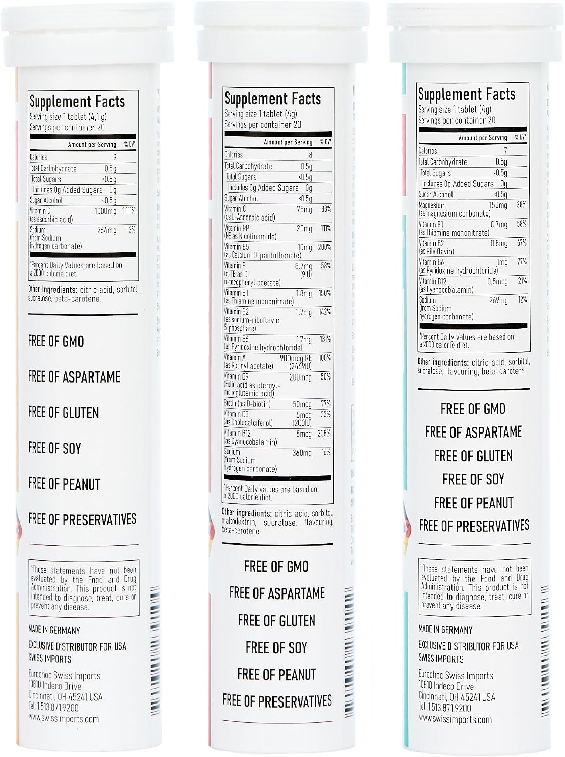 Swiss Imports Pack Variado Efervescente con Vitamina C 1000mg, Magnesio + Complejo B, Multivitamínico + Biotina (6 Paquetes, 120 Comprimidos)