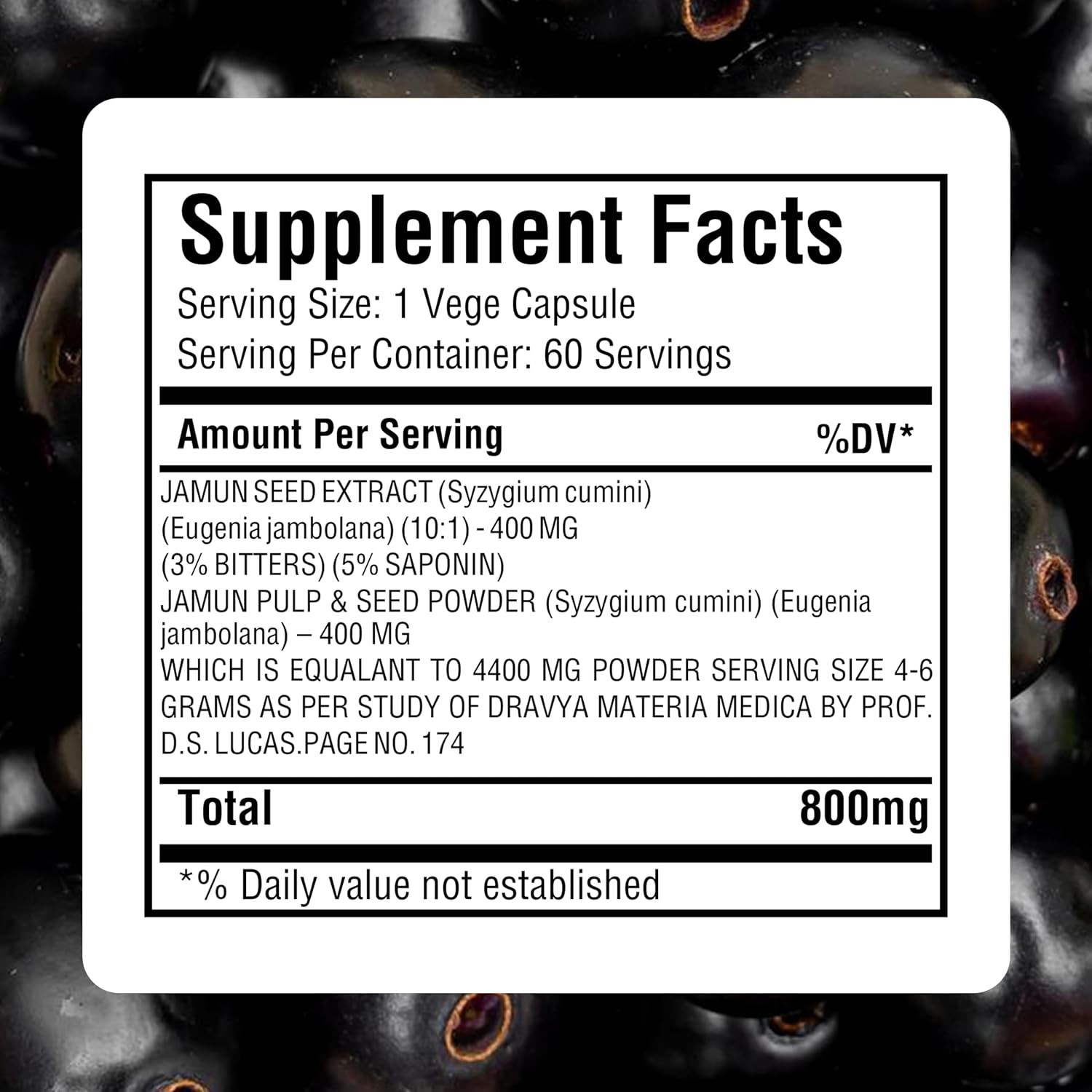 Jamun Cápsulas - Extracto de Semillas de Eugenia Jambolana (10:1) - 60 Cápsulas Veganas