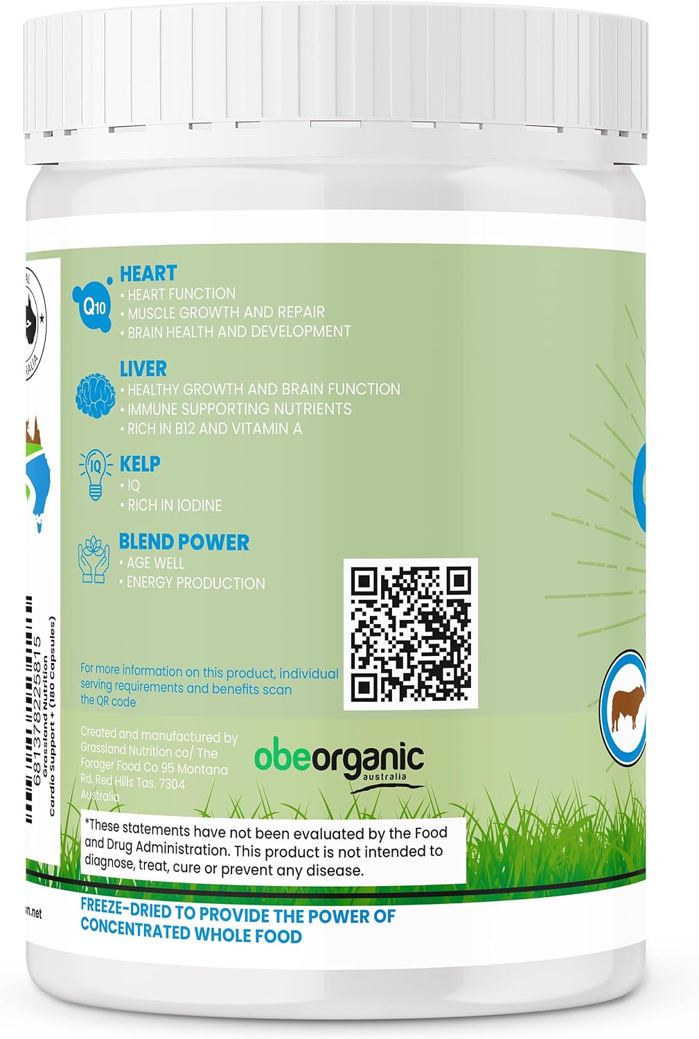 GRASSLAND NUTRITION Cardio Support - Mezcla de Órganos de Vacuno con CoQ10, B12 y Yodo, 180 Cápsulas