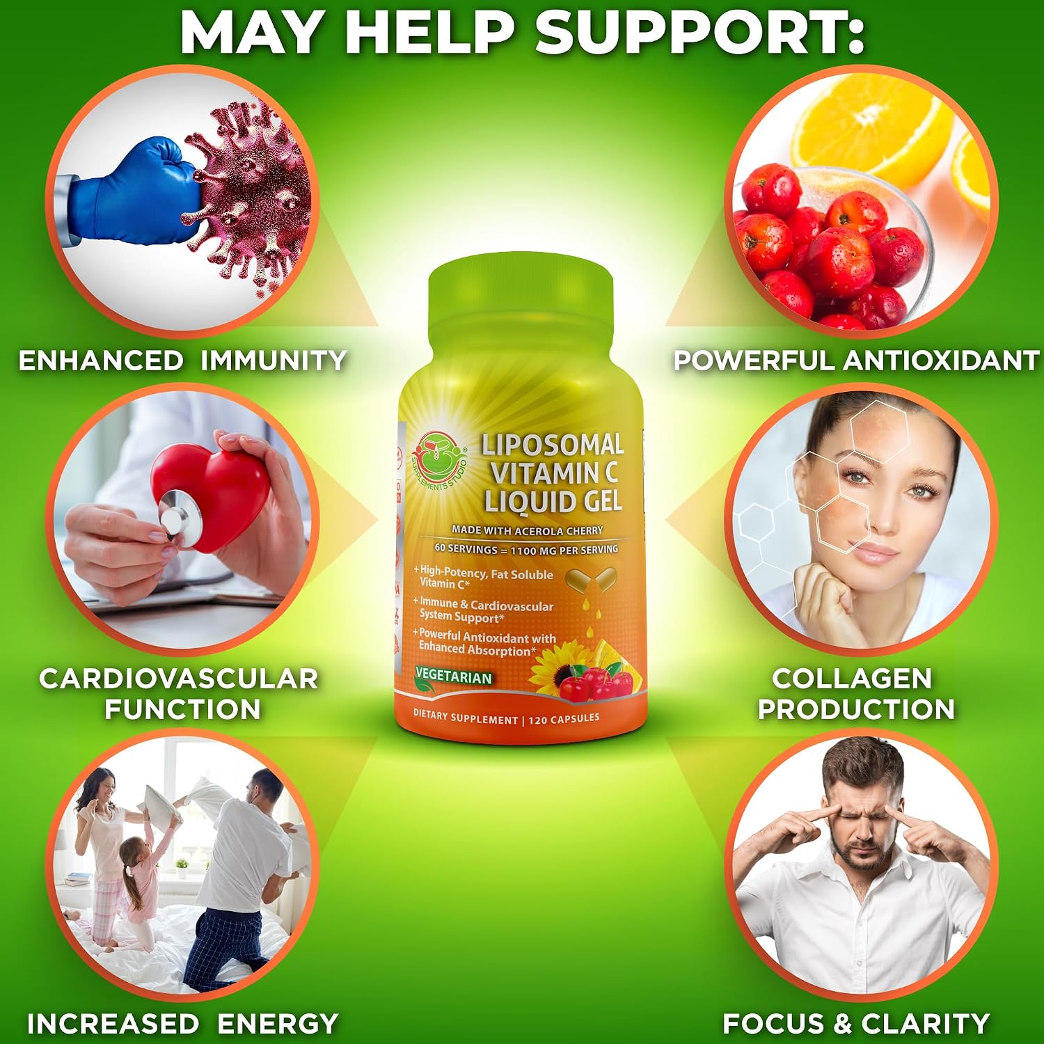 Vitamina C Liposomal 1100 mg con Acerola Orgánica – 120 Cápsulas Líquidas de Gel