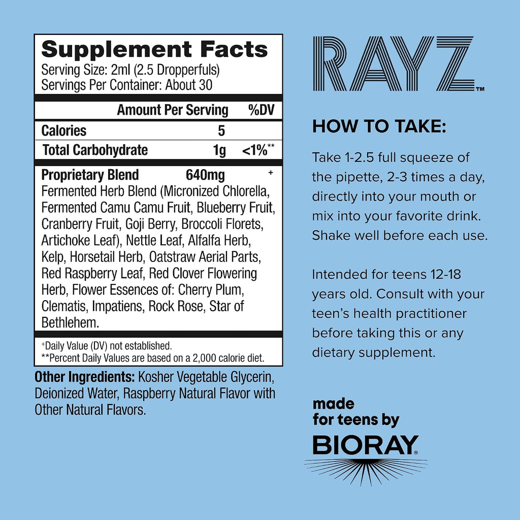 BIORAY RAYZ All Systems Glow - Suplemento Multivitamínico para Adolescentes, Sabor Frambuesa - 59 ml