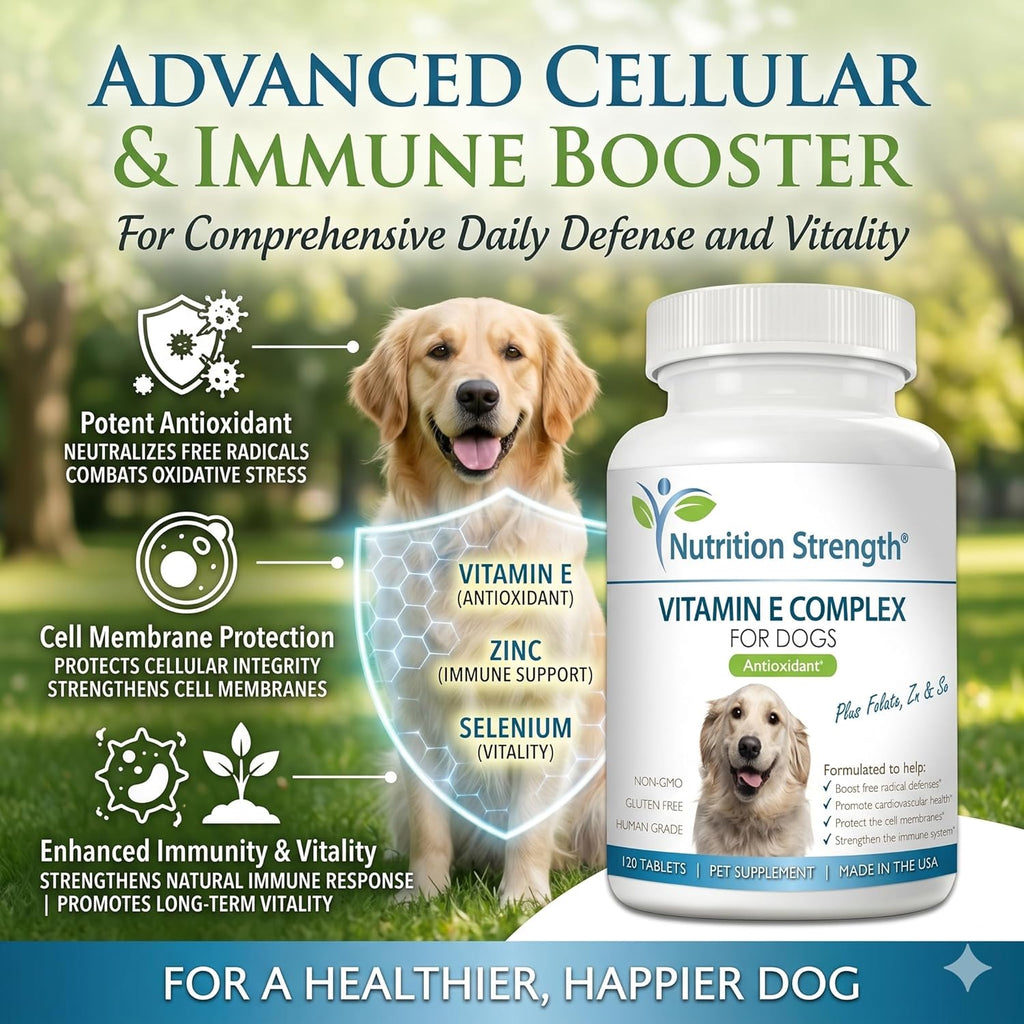 Complejo de Vitamina E para Perros con Zinc, Selenio, Folato y Aceite de Salmón - 120 Comprimidos Masticables