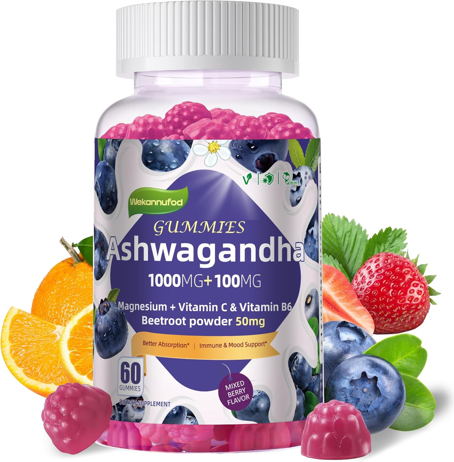 Ashwagandha Gummies 1000mg, 120 Count (2 Pack) – Organic Root Extract, Daily Adaptogen Gummies, Non-GMO, Sugar Free & Gluten Free
