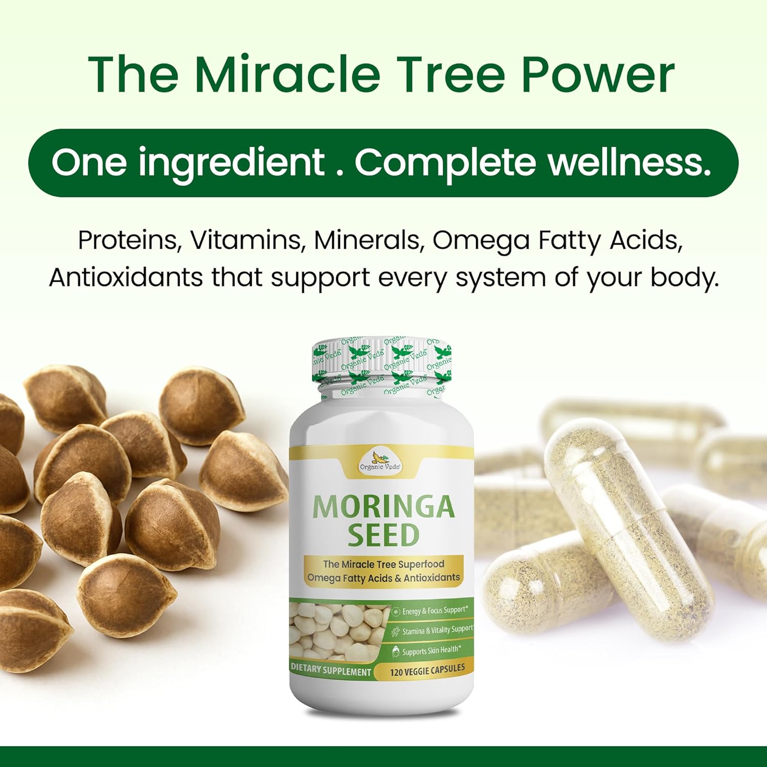Cápsulas de Semillas de Moringa Ecológicas de Organic Veda - 120 Cápsulas Veganas
