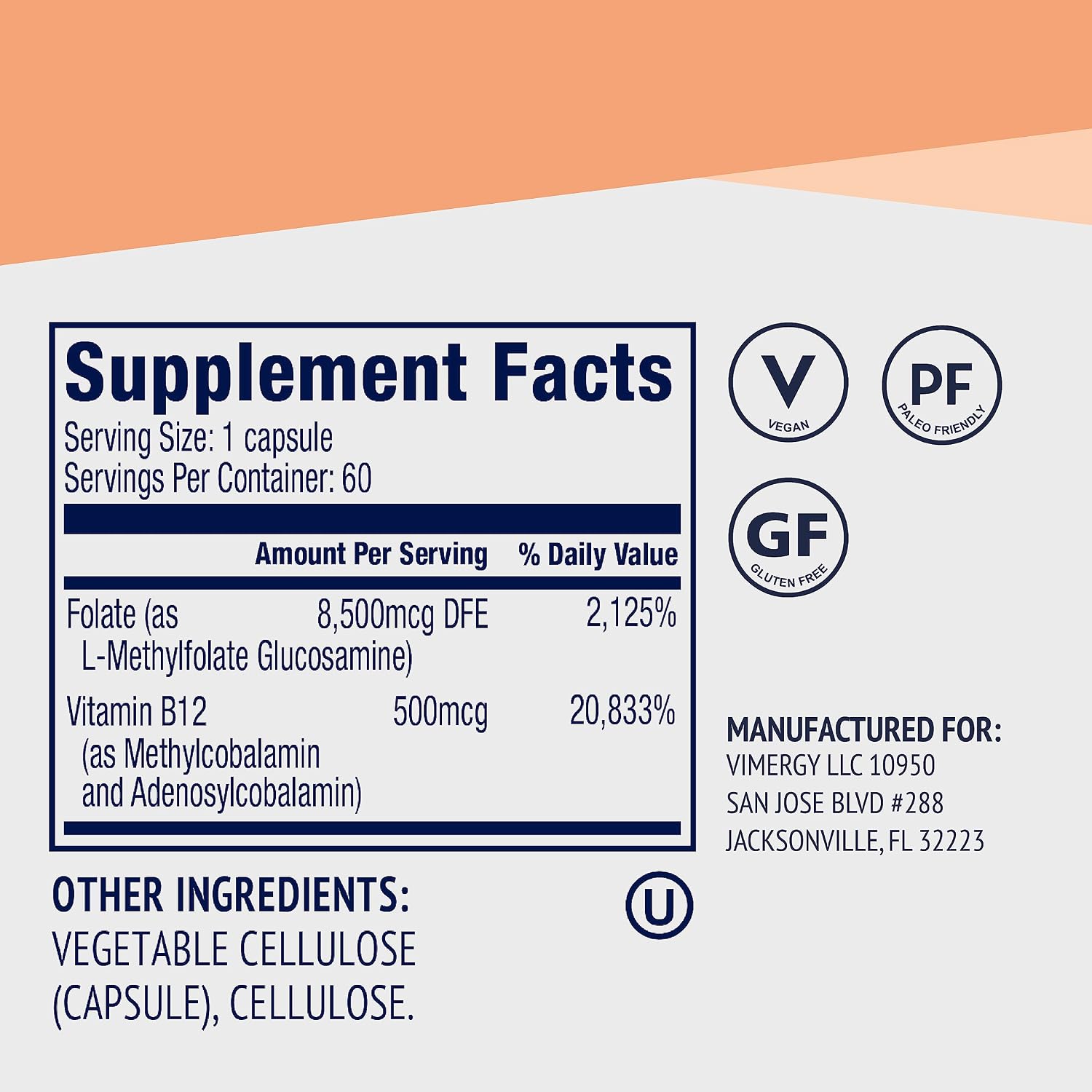 Vimergy 5-MTHF Cápsulas, 60 dosis, 5 mg L-Metilfolato + 500 mcg Vitamina B12, Complemento vegano