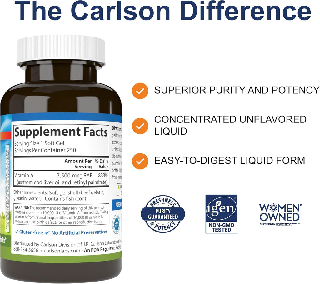 Carlson - Vitamina A, 25000 UI (7500 mcg RAE), 250 Cápsulas Blandas