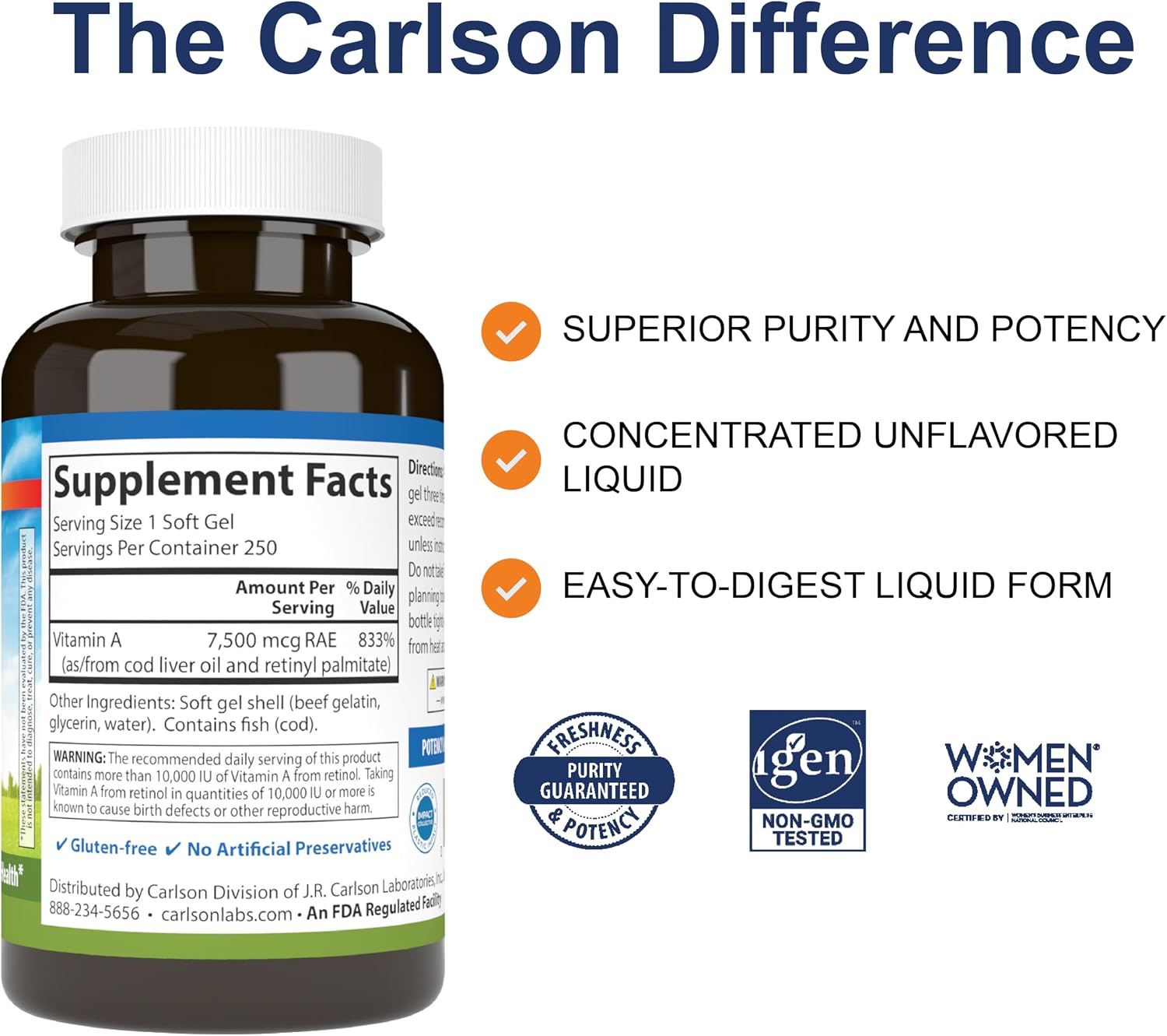 Carlson - Vitamina A, 25000 UI (7500 mcg RAE), 250 Cápsulas Blandas