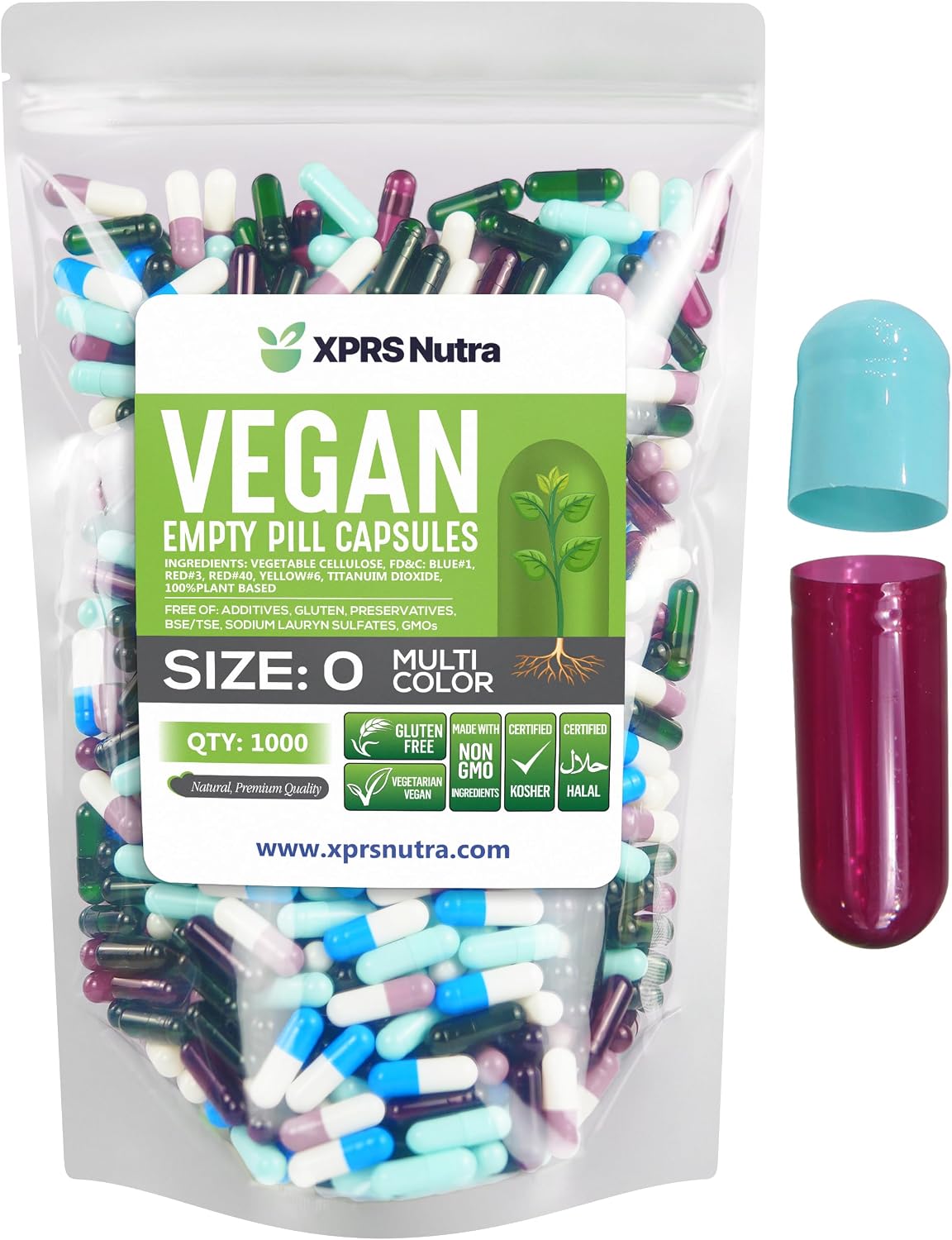 XPRS Nutra Cápsulas Vacías Veganas Tamaño 0 - 1000 Unidades - Cápsulas Vegetarianas para Rellenar - DIY Suplementos (Multicolor)