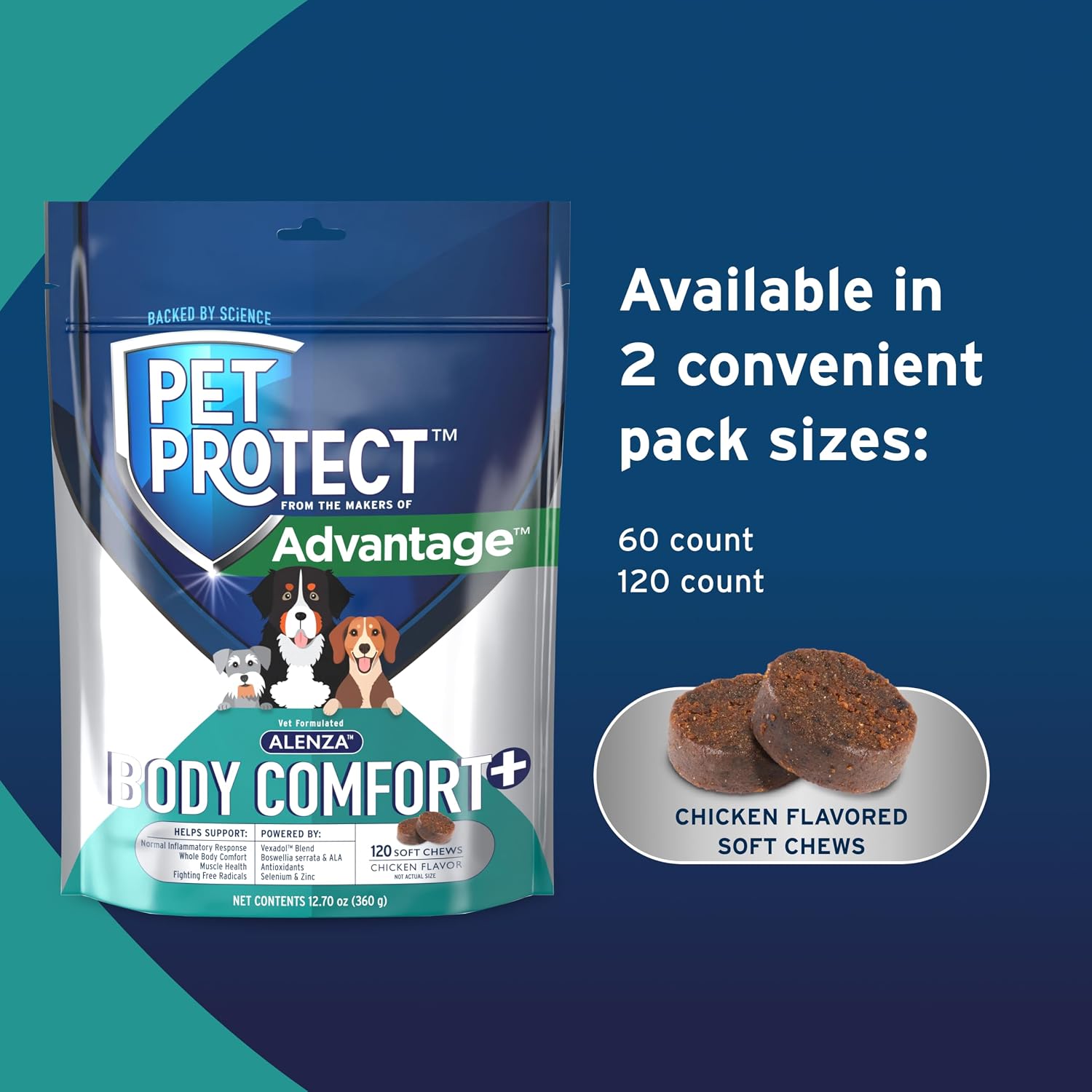 Pet Protect Suplemento Body Comfort+ para Perros, Formulado por Veterinarios con Alenza, Apoya la Respuesta Inflamatoria Normal, Snacks Blandos Sabor a Pollo (120 Unidades)
