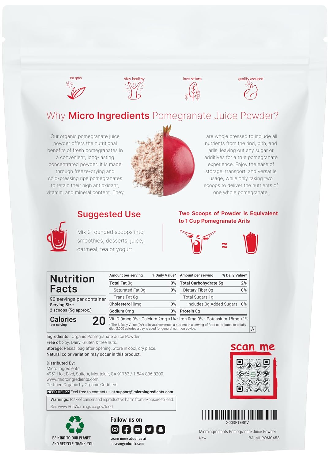 Organic Pomegranate Juice Powder, 453 g | 100% Natural | Freeze-Dried and Cold-Pressed | No Sugar or Additives | Vegan and Non-GMO