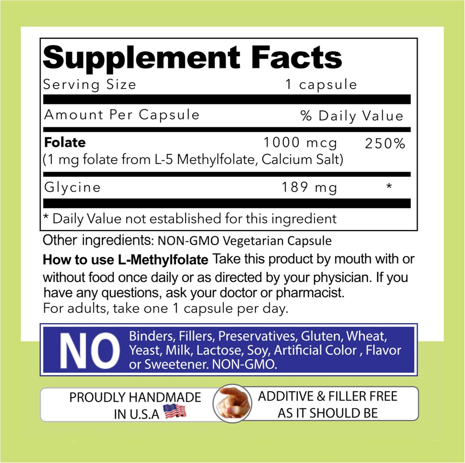 L-Metilfolato 1 mg (1000 mcg) - Folato Activo 5-MTHF, Sin Excipientes, 90 Cápsulas Vegetales