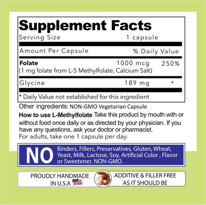 L-Metilfolato 1 mg (1000 mcg) - Folato Activo 5-MTHF, Sin Excipientes, 90 Cápsulas Vegetales – Image 4