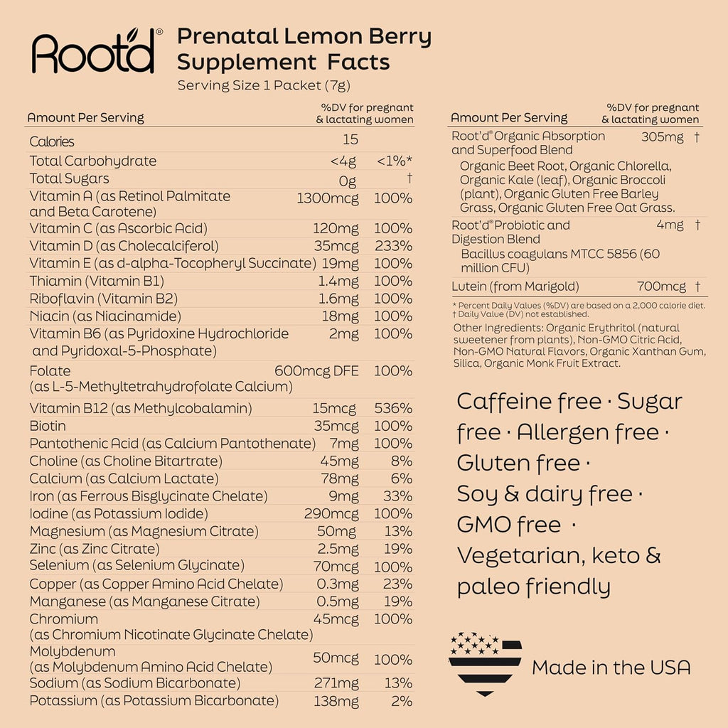 Root'd Multivitamínico Prenatal en Polvo - 25 Nutrientes con 3X Electrolitos, Folato, Hierro, D3, Superalimentos y Probióticos | 24 Sobres