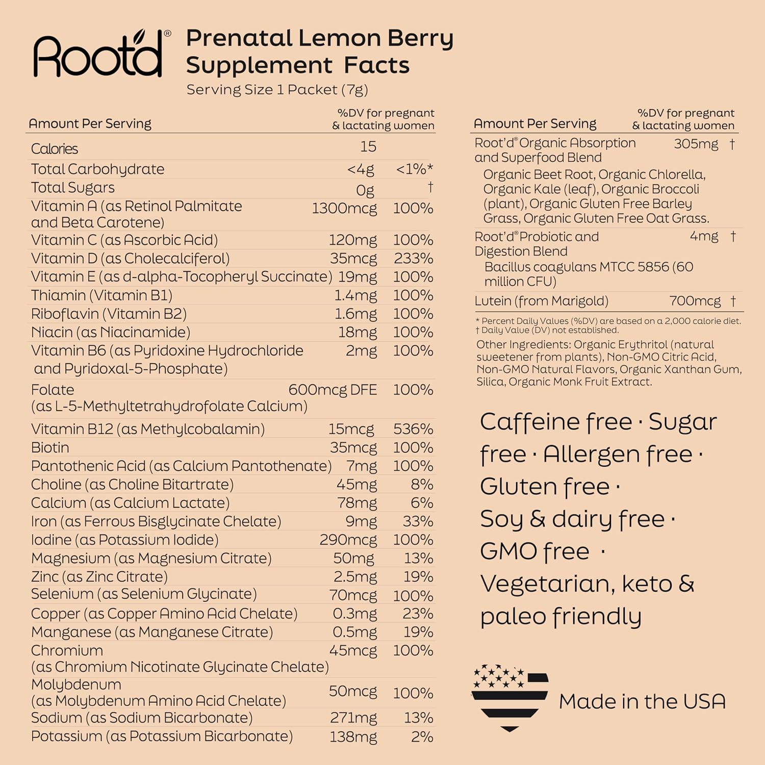 Root'd Multivitamínico Prenatal en Polvo - 25 Nutrientes con 3X Electrolitos, Folato, Hierro, D3, Superalimentos y Probióticos | 24 Sobres