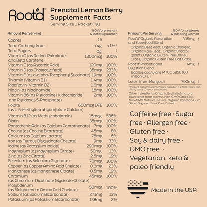 Root'd Prenatal Multivitamin Powder: 25 Vitaminas y Minerales con Electrolitos (24 Sobres) – Image 7