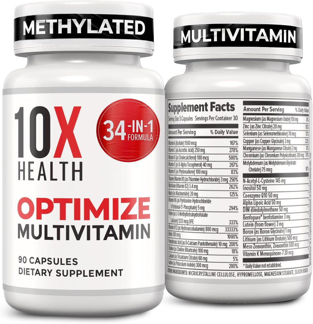 10X Health Optimize Multivitamínico Metilado para Hombres y Mujeres - 90 Cápsulas, Fórmula 34 en 1 con 800 mcg de Vitamina B12, 5-MTHF, NAC - Complejo B Metilado