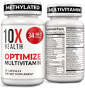 10X Health Optimize Multivitamínico Metilado para Hombres y Mujeres - 90 Cápsulas, Fórmula 34 en 1 con 800 mcg de Vitamina B12, 5-MTHF, NAC - Complejo B Metilado