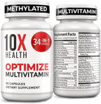 10X Health Optimize Multivitamínico Metilado para Hombres y Mujeres - 90 Cápsulas, Fórmula 34 en 1 con 800 mcg de Vitamina B12, 5-MTHF, NAC - Complejo B Metilado