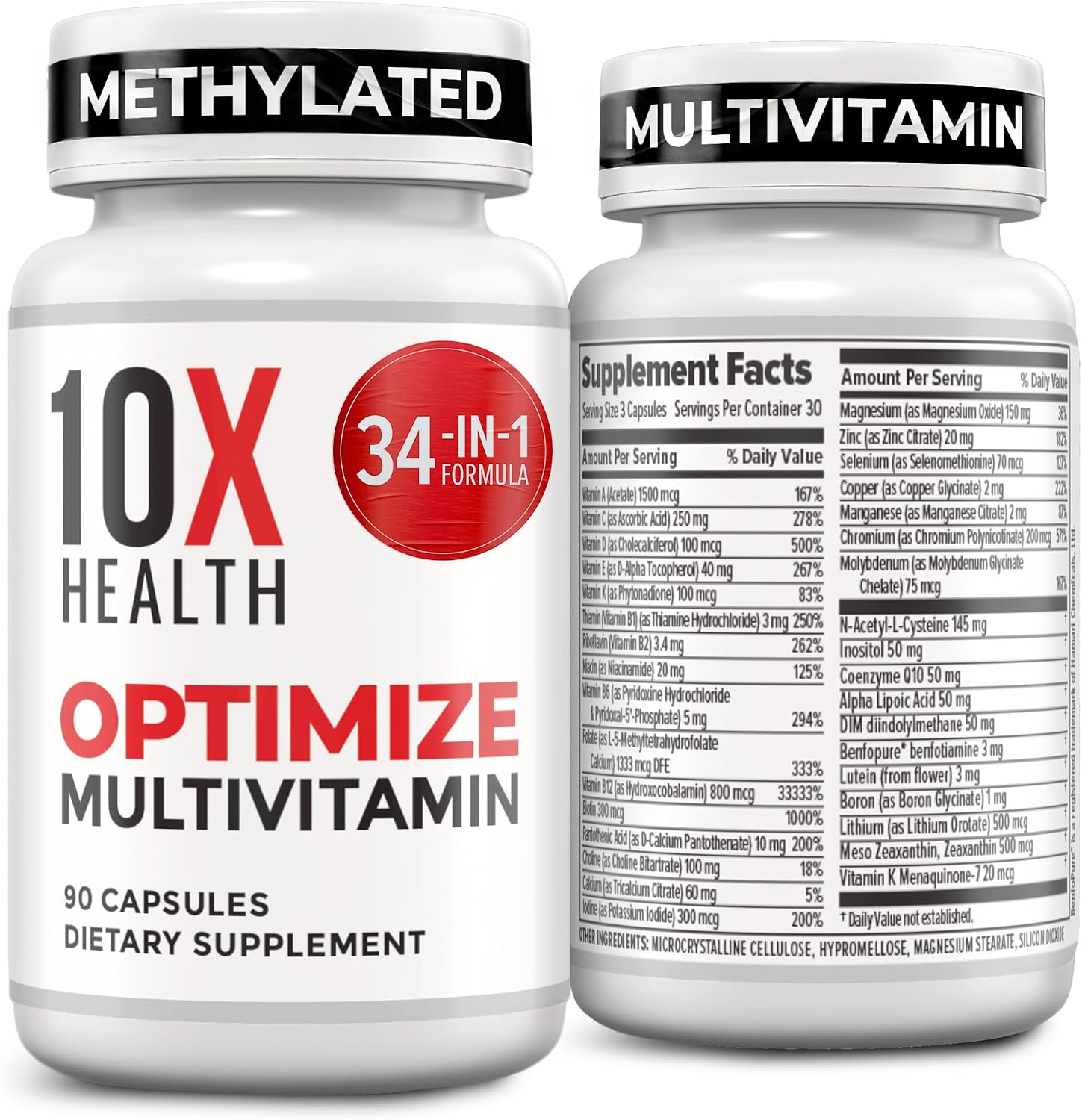 10X Health Optimize Multivitamínico Metilado para Hombres y Mujeres - 90 Cápsulas, Fórmula 34 en 1 con 800 mcg de Vitamina B12, 5-MTHF, NAC - Complejo B Metilado