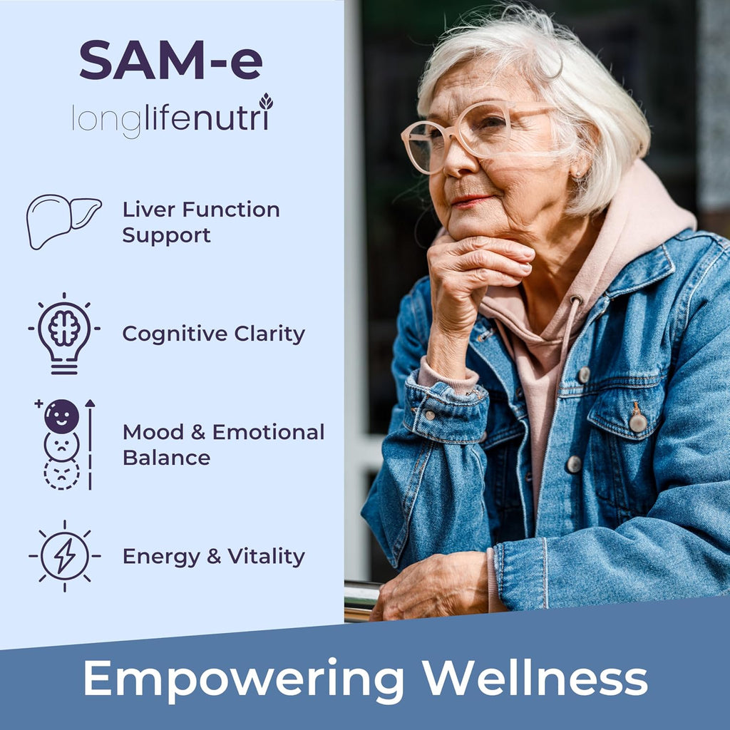 LongLifeNutri SAM-e 400 mg – 120 Cápsulas Vegetales, S-Adenosilmetionina Metilada para la Movilidad Articular, Suministro de 2 Meses, Sin Rellenos, Certificado GMP, Fabricado en EE. UU.