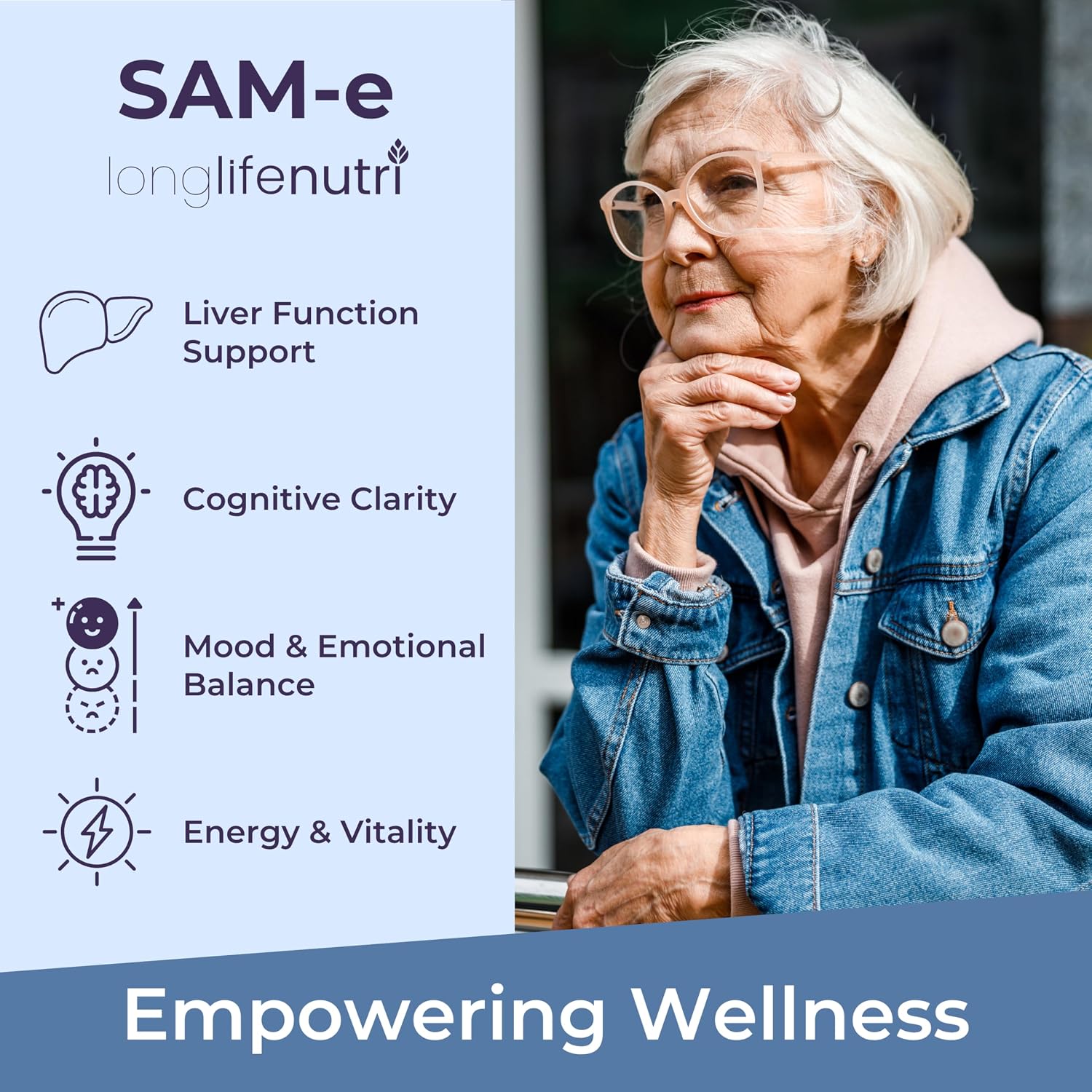 LongLifeNutri SAM-e 400 mg – 120 Cápsulas Vegetales, S-Adenosilmetionina Metilada para la Movilidad Articular, Suministro de 2 Meses, Sin Rellenos, Certificado GMP, Fabricado en EE. UU.