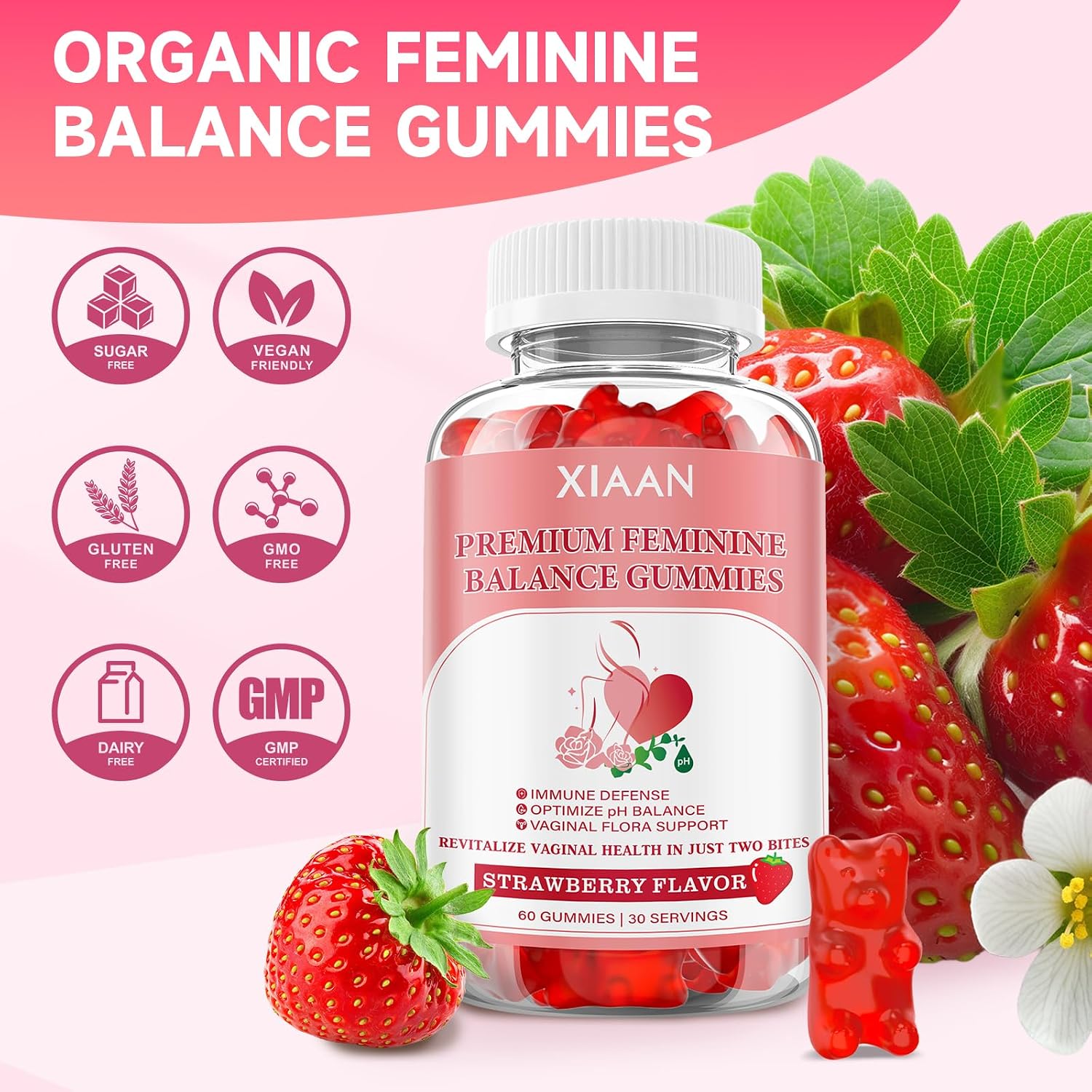 Gominolas de Equilibrio Femenino para Mujeres, Sabor Fresa, Veganas, Sin Gluten, 60 Gominolas