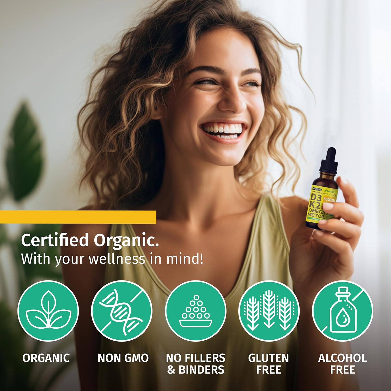 (Pack de 4) Gotas Orgánicas de Vitamina D3 K2 con Aceite MCT y Omega 3 - Líquido Vitamina D3 5000 UI - Suplemento D3 K2 - Sin Rellenos, No GMO, GMP, Piña (4 Fl Oz)