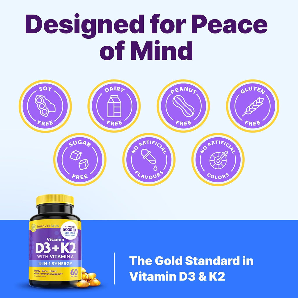 InnovixLabs Vitamina D3 K2 - 5000 UI + 600 mcg K2 MK4 y MK7, 60 Cápsulas Blandas