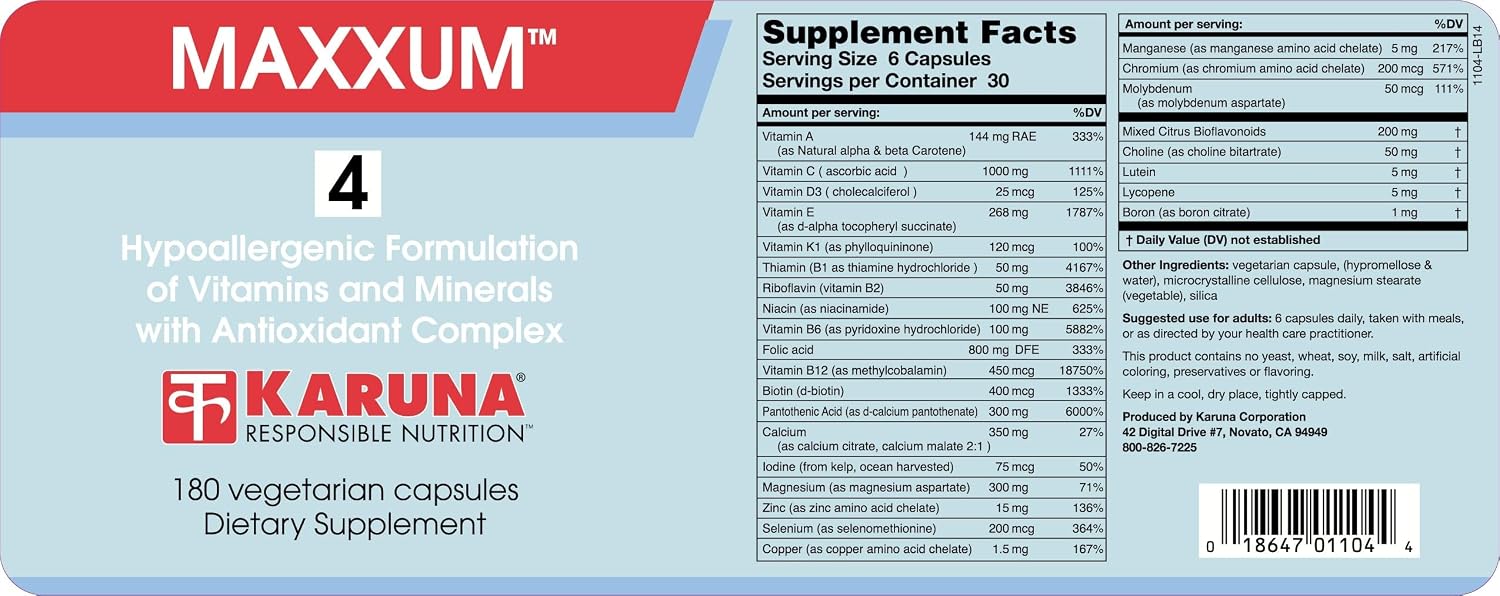 Karuna MAXXUM 4 - 180 Cápsulas Vegetarianas - Complejo Multivitamínico y Mineral con Luteína, Zeaxantina, Licopeno, Bioflavonoides Cítricos, Calcio y Magnesio