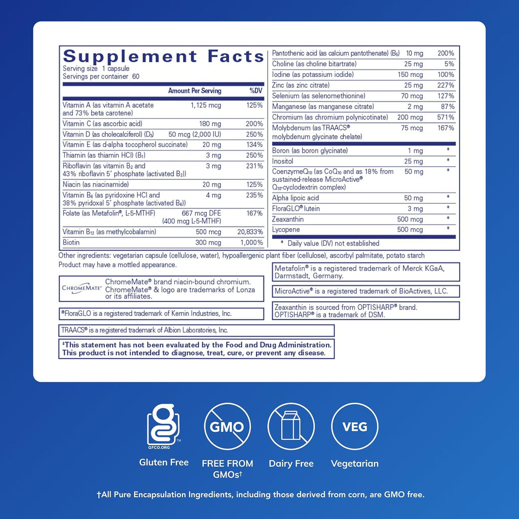Pure Encapsulations O.N.E. Multivitamin - Multivitamínico diario con complejo antioxidante Metafolin, CoQ10 y Luteína para apoyar la visión, función cognitiva y salud celular - 60 cápsulas