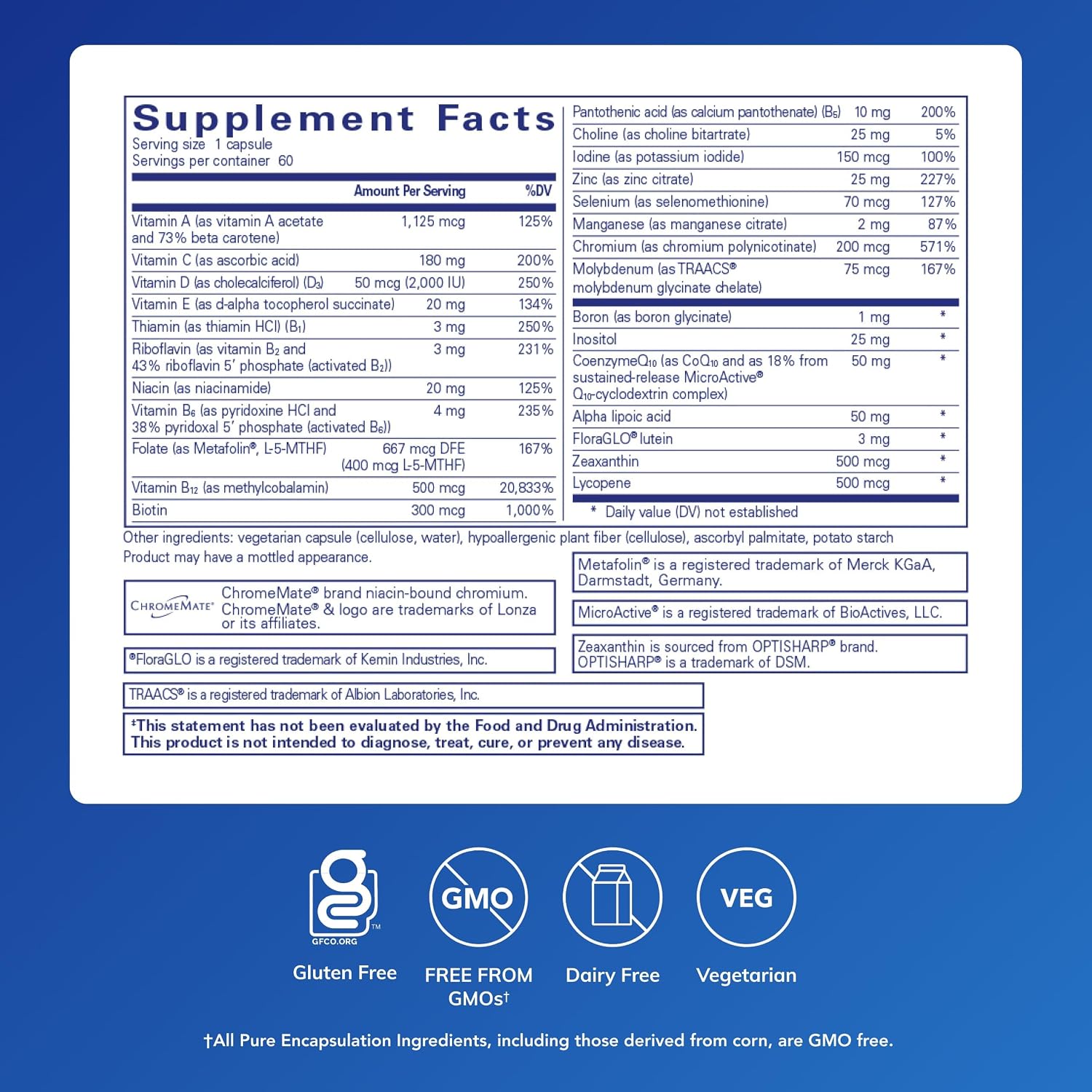 Pure Encapsulations O.N.E. Multivitamin - Multivitamínico diario con complejo antioxidante Metafolin, CoQ10 y Luteína para apoyar la visión, función cognitiva y salud celular - 60 cápsulas