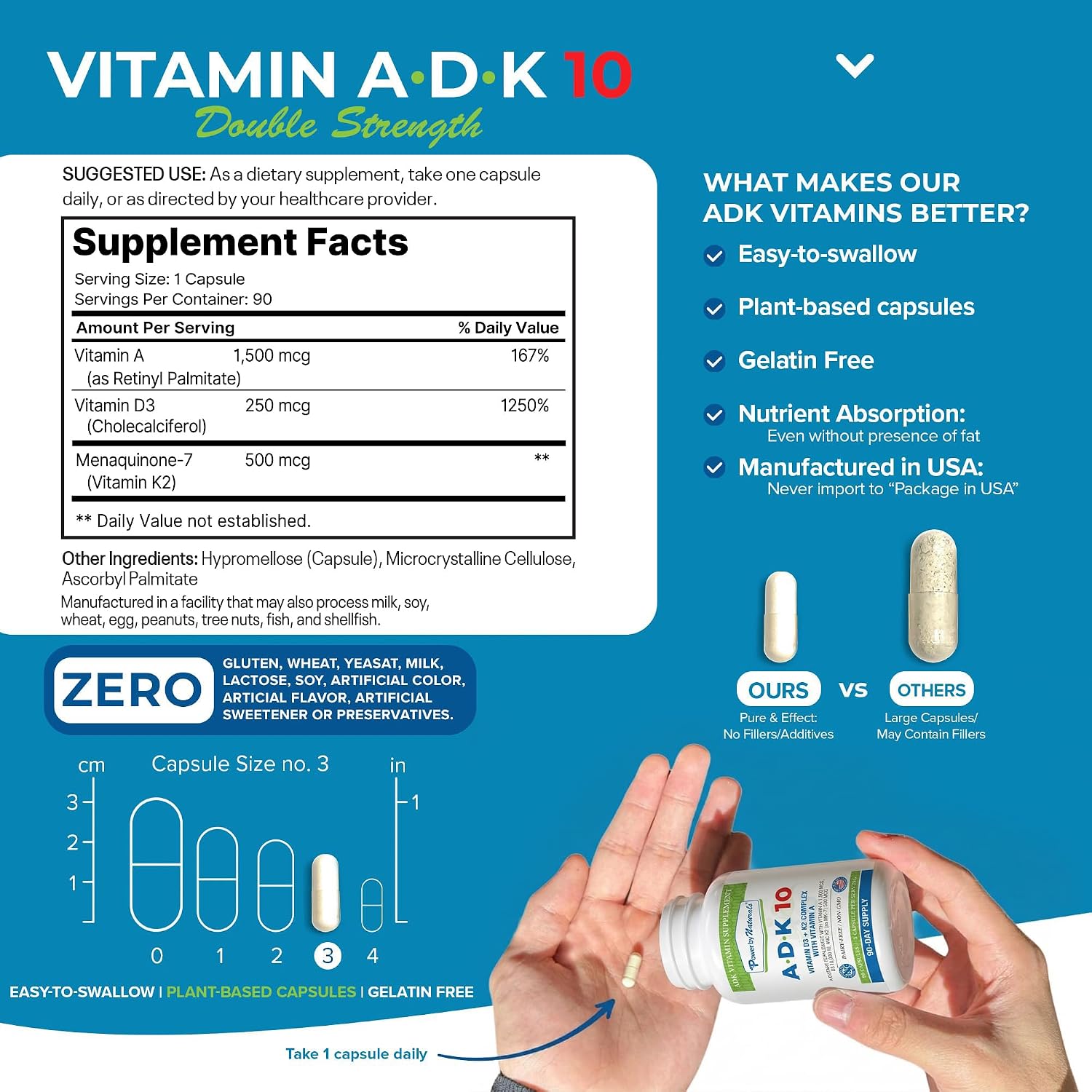 Power By Naturals ADK 10 – Vitaminas A, D3 y K2 MK-7 – 90 Cápsulas