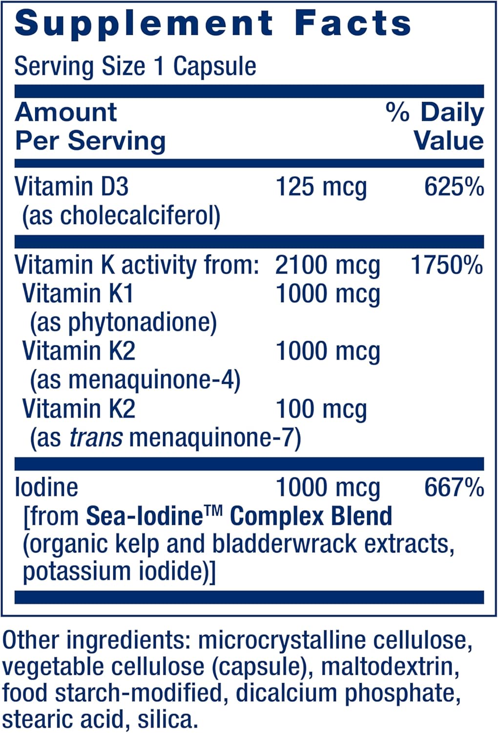 Life Extension Vitaminas D y K con Yodo Marino, 60 Cápsulas