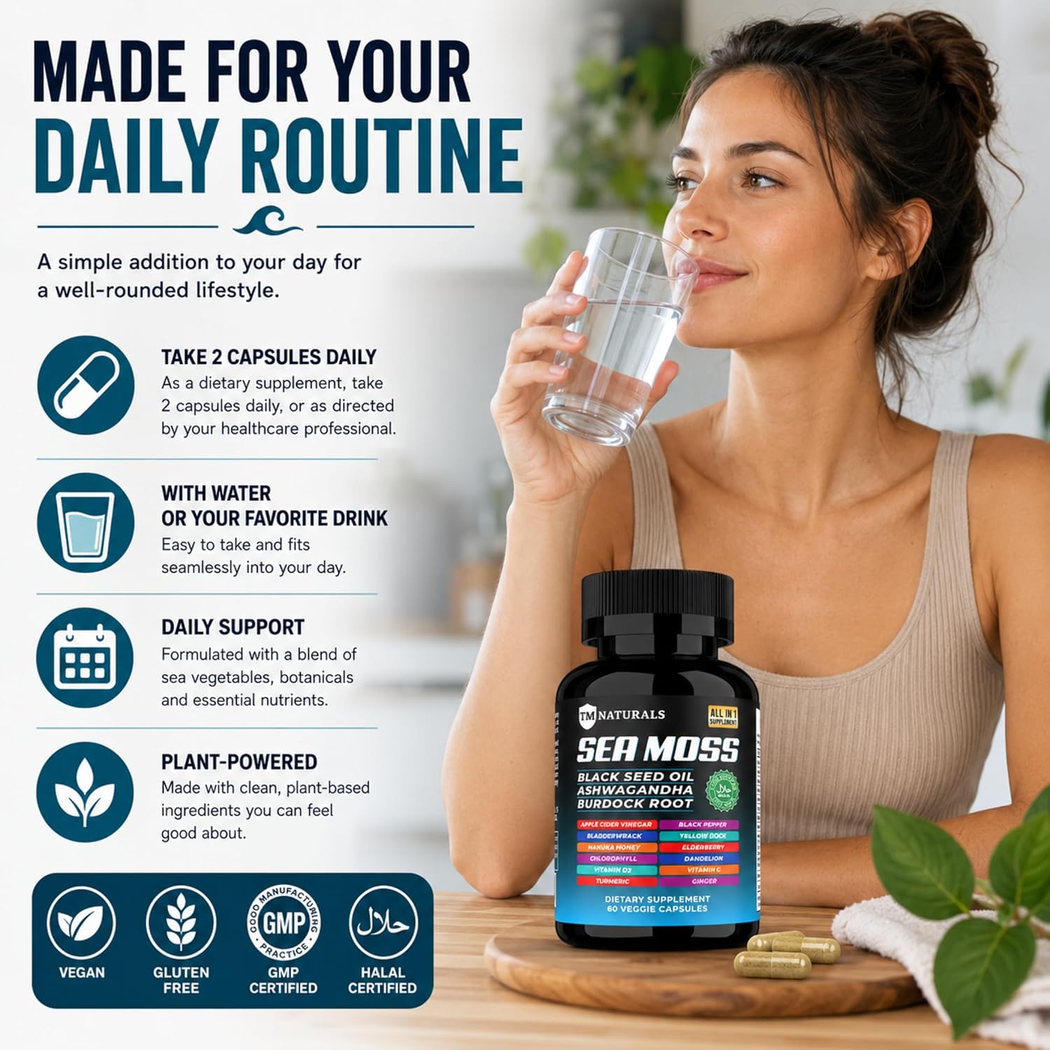 TM NATURALS - Sea Moss con Aceite de Nigella, Vitamina C, Ashwagandha y Cúrcuma, 60 Cápsulas Veganas + Pastillero Gratis