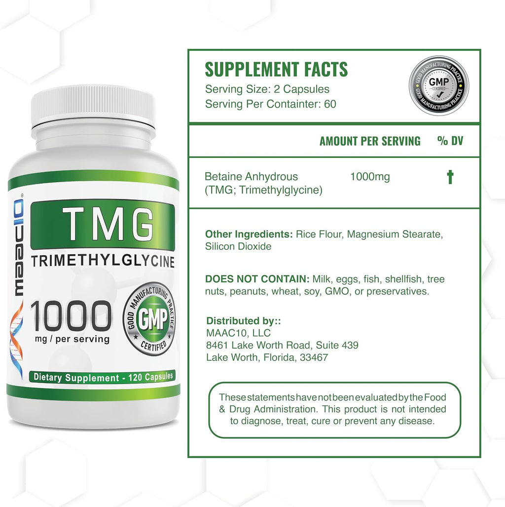 MAAC10 TMG 1000mg - Suplemento de Trimetilglicina (Betaína Anhidra) - Apoyo a la Metilación y Metabolismo de la Homocisteína - 120 Cápsulas
