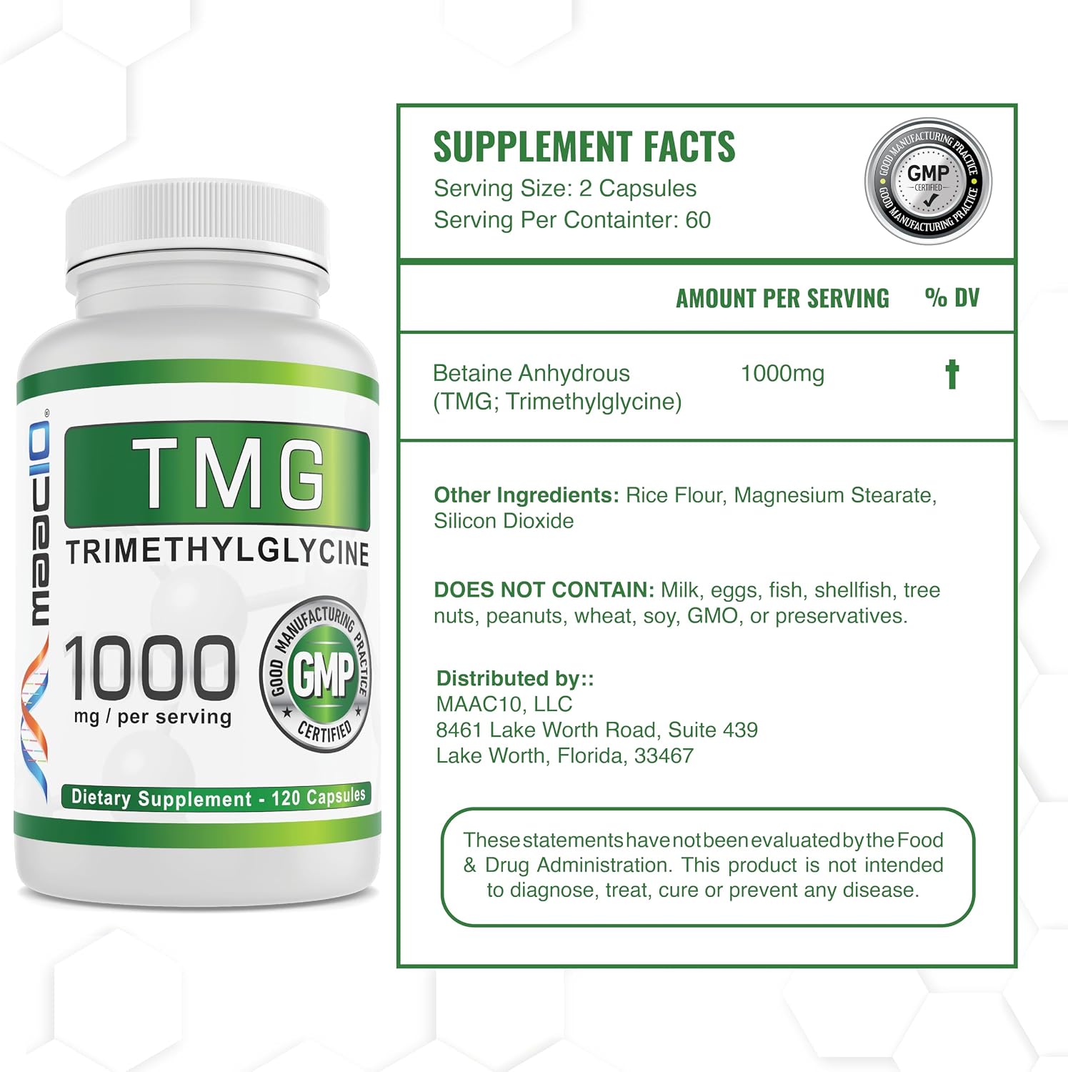 MAAC10 TMG 1000mg - Suplemento de Trimetilglicina (Betaína Anhidra) - Apoyo a la Metilación y Metabolismo de la Homocisteína - 120 Cápsulas
