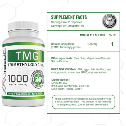MAAC10 TMG 1000mg - Suplemento de Trimetilglicina (Betaína Anhidra) - Apoyo a la Metilación y Metabolismo de la Homocisteína – Image 2
