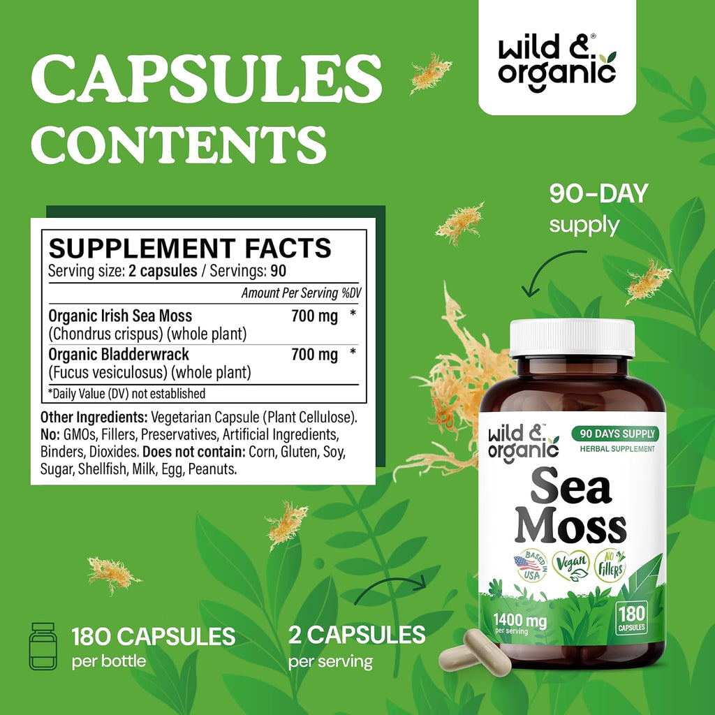 Wild & Organic Sea Moss Capsules - Complejo de Musgo Marino Irlandés con Bladderwrack - 180 Cápsulas Veganas