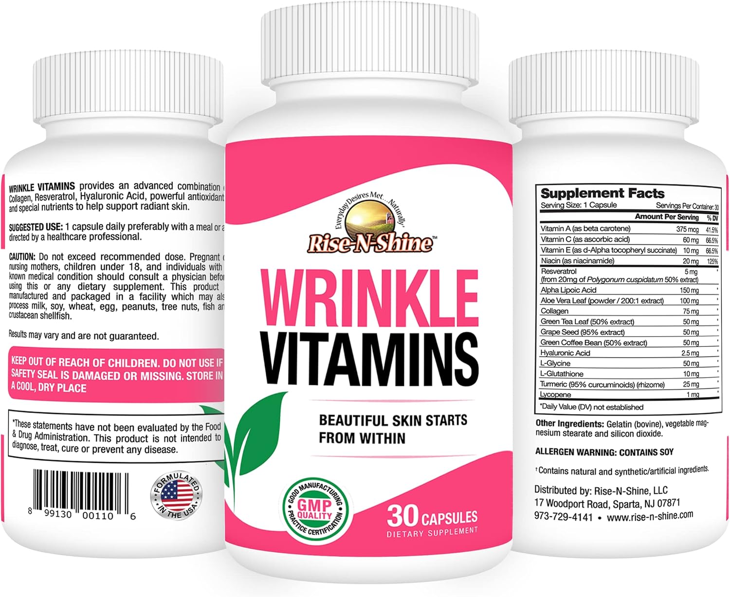 Rise-N-Shine Wrinkle Vitamins - Complemento para la Piel con Colágeno, Resveratrol, Aloe Vera, Semilla de Uva y más (30 Comprimidos)